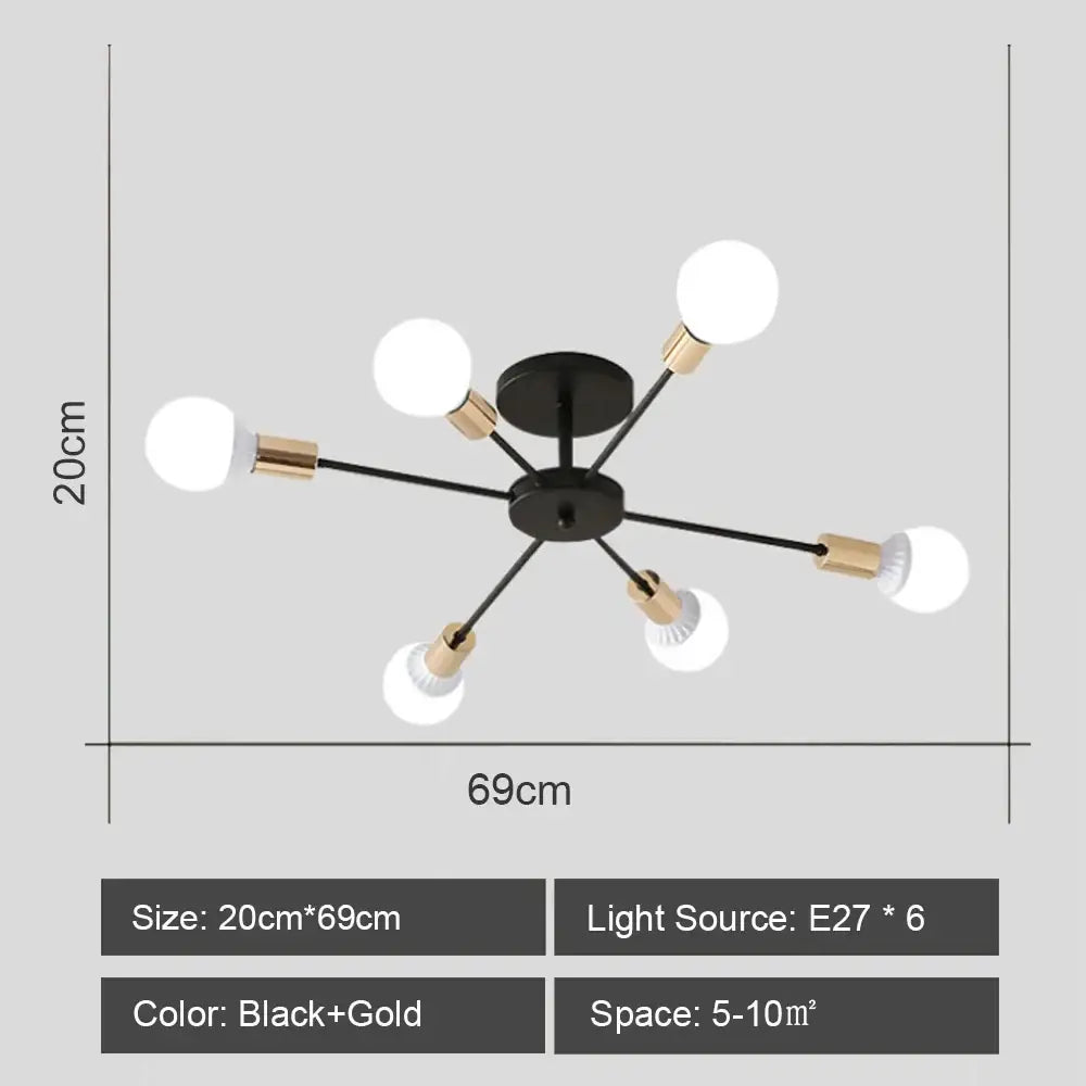 Modern black and brass iron wrought ceiling light fixture with six spherical bulbs for dining room decorbites ceiling light