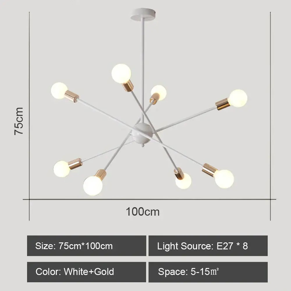 Modern white and gold starburst ceiling light fixture with eight exposed e27 bulbs iron wrought by decorbites