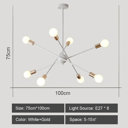 Modern white and gold starburst ceiling light fixture with eight exposed e27 bulbs iron wrought by decorbites