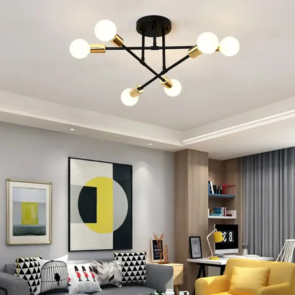 Modern black and brass iron wrought ceiling light fixture with six spherical bulbs for dining room decorbites iron wrought
