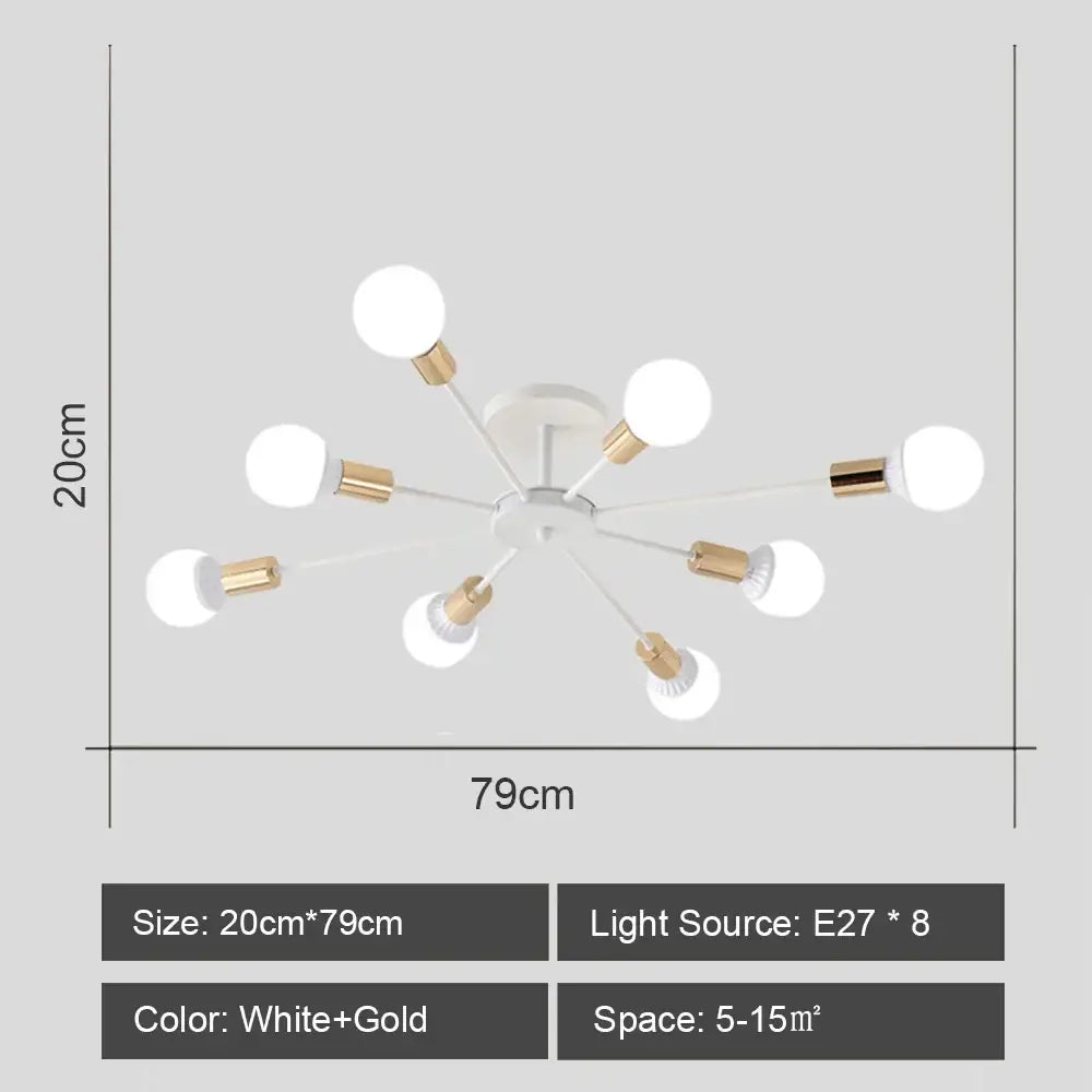 Modern black and brass iron wrought ceiling light fixture with eight white and gold spherical bulbs for dining room decorbites
