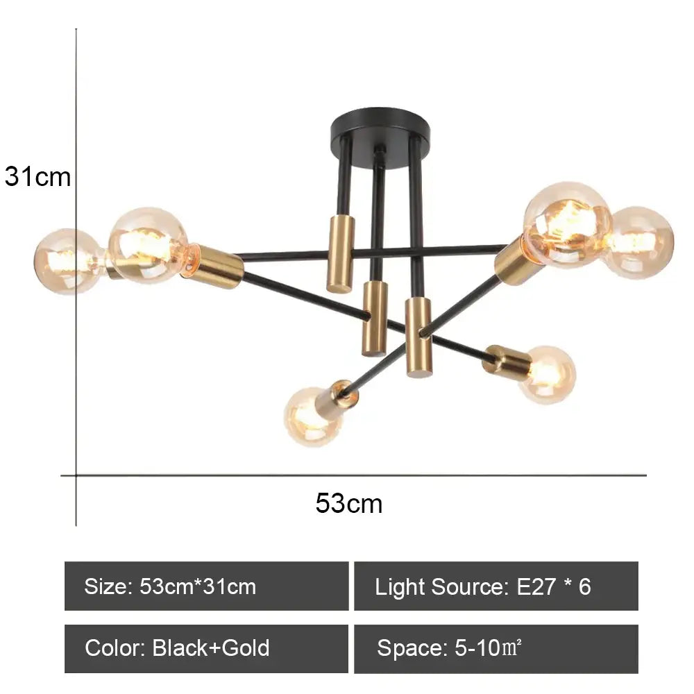 Modern black and brass iron wrought ceiling light fixture with six exposed bulb lights for dining room decorbites