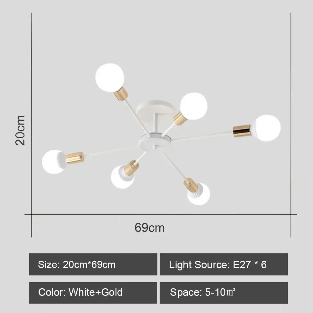 Modern white and gold six-arm ceiling light fixture with spherical bulbs by decorbites iron wrought for dining room decor