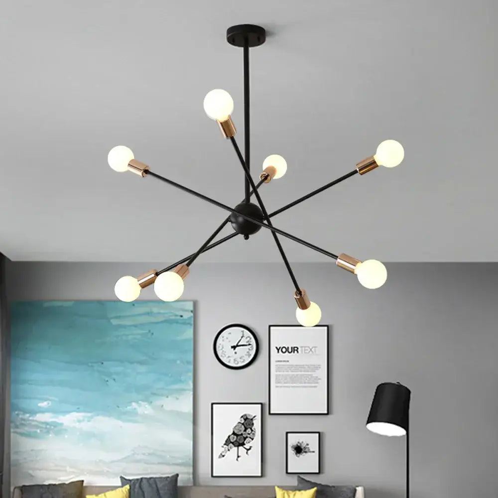 Modern black and brass iron wrought ceiling light fixture with multiple exposed bulbs for dining room decorbites design