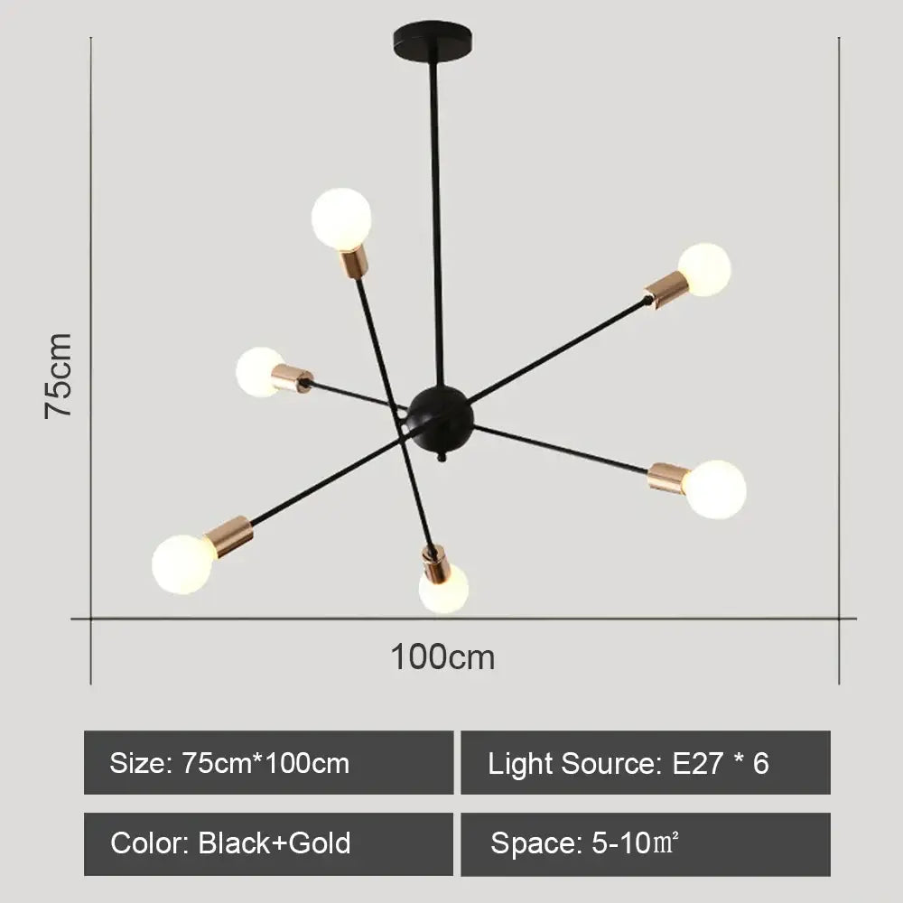Modern black and brass decorbites iron wrought ceiling light fixture with six exposed bulbs for dining room decor