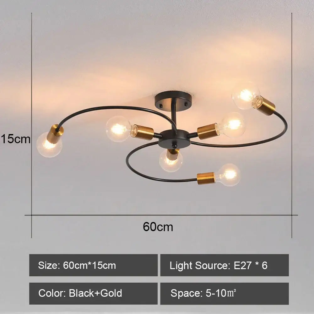 Modern black and brass iron wrought ceiling light fixture with six exposed e27 bulbs for dining room decorbites ceiling light