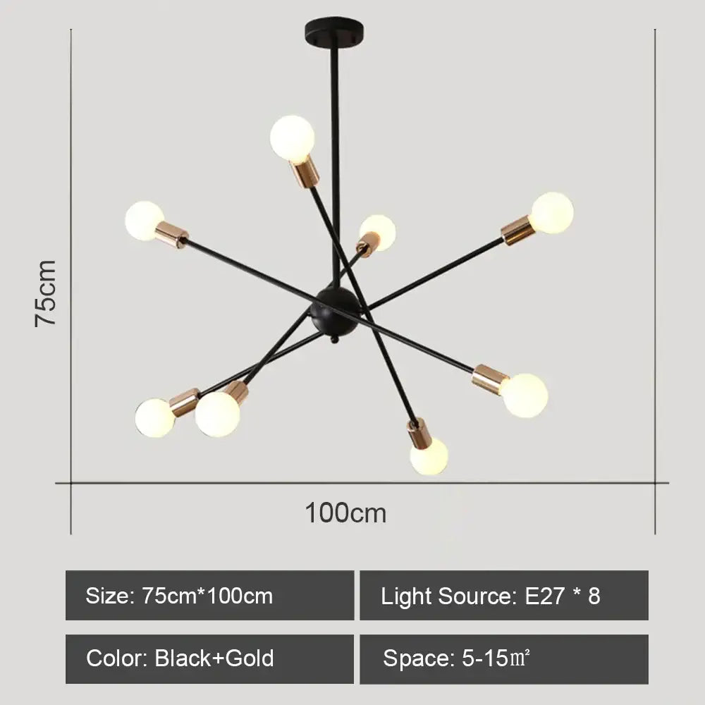 Modern black and brass iron wrought ceiling light fixture with eight exposed bulbs for dining room decorbites light fixture