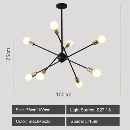 Modern black and brass iron wrought ceiling light fixture with eight exposed bulbs for dining room decorbites light fixture