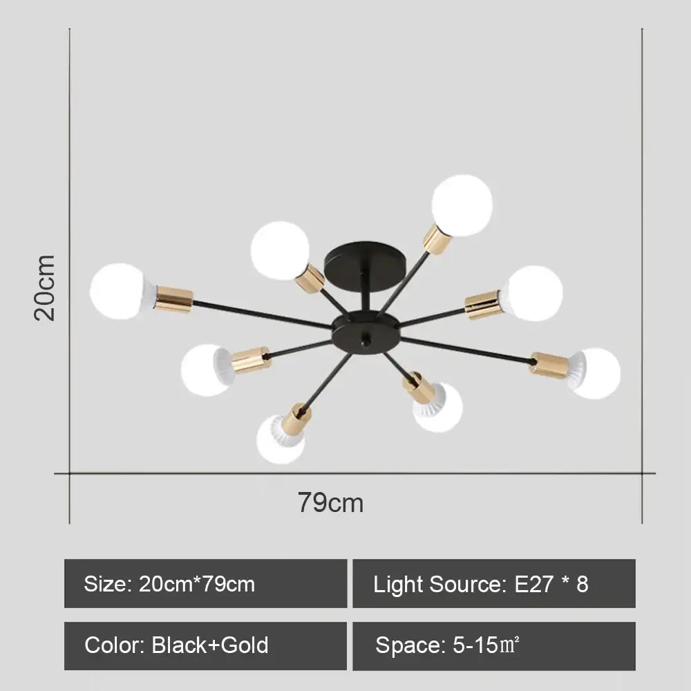 Modern black and brass iron wrought ceiling light fixture with eight spherical bulbs for dining room decorbites ceiling light