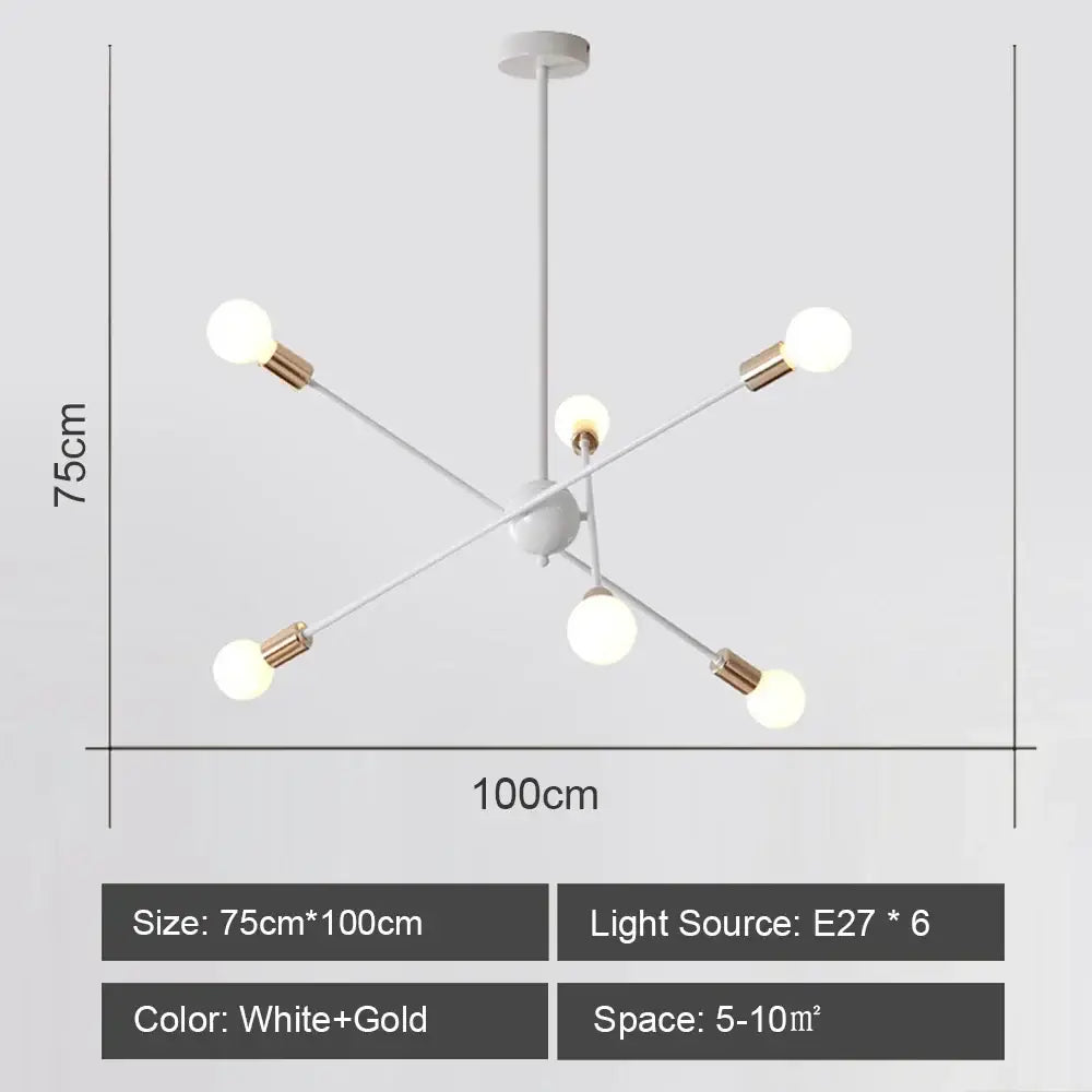 Modern black and brass iron wrought ceiling light fixture with white and gold six-arm chandelier and spherical bulbs