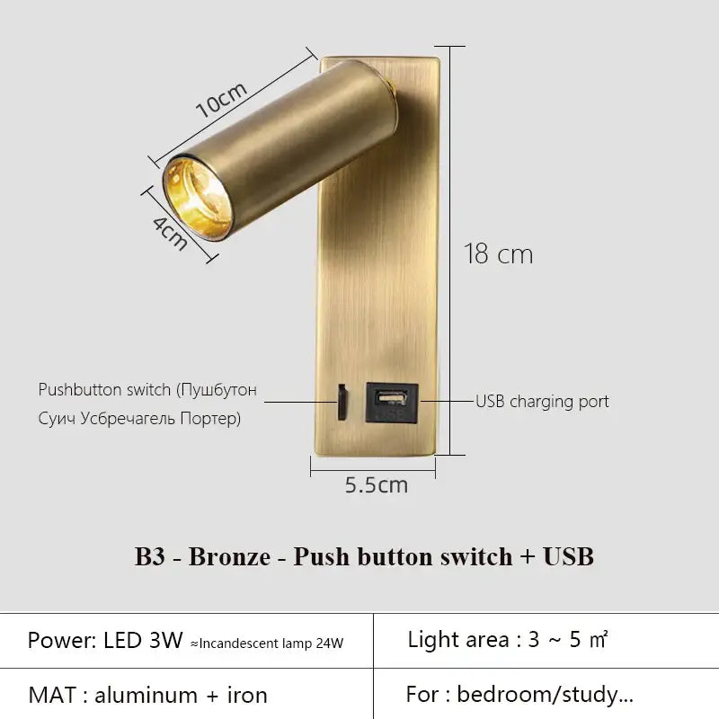Modern black brass wall lamp with a bronze-finished led reading light and integrated usb charging port by decorbites black brass