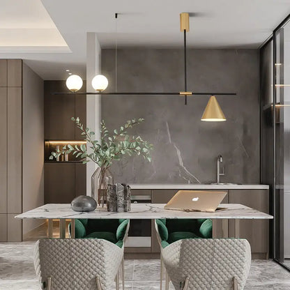 A sleek modern black and brass linear chandelier with a gold cone shade and black rod above the dining table with white glass
