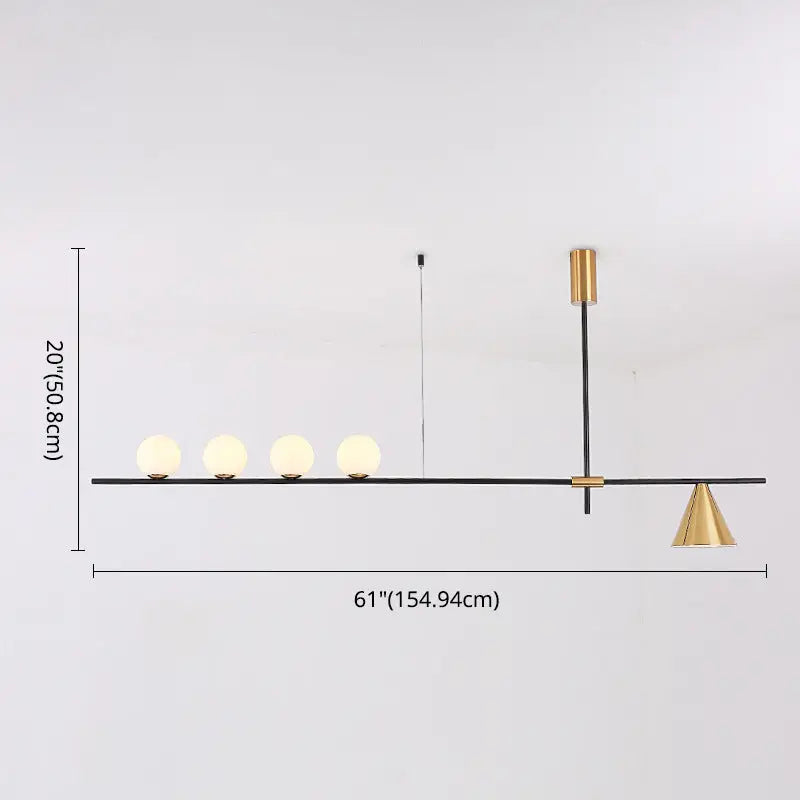 Modern black and brass linear chandelier featuring spherical white glass globes and a minimalist metal frame