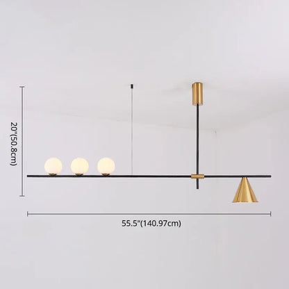 Modern black and brass linear chandelier with three spherical white glass bulbs and gold-toned metal accents