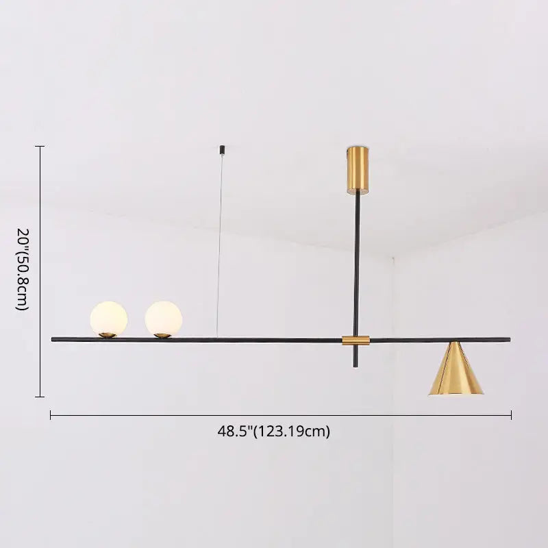 Modern black and brass linear chandelier with sleek bar, spherical white glass bulbs, and gold conical shade for dining room