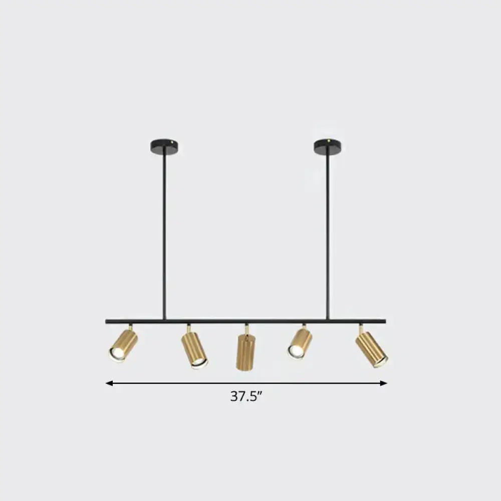 Modern black and gold metal island ceiling light with five adjustable spotlights for dining room illumination