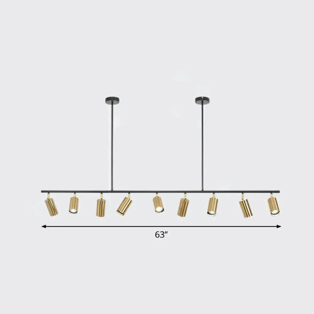 Modern 63-inch metal island ceiling light with ten adjustable gold electroplated spotlights suspended from black rods