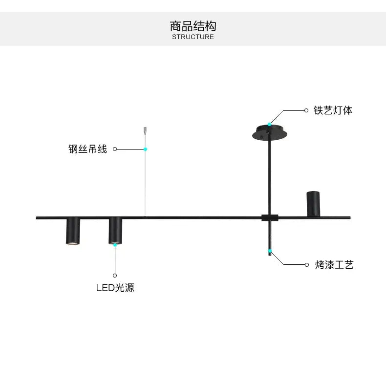 Modern black and brass minimalist dining room linear pendant light with black matte led track lighting and steel wire suspension