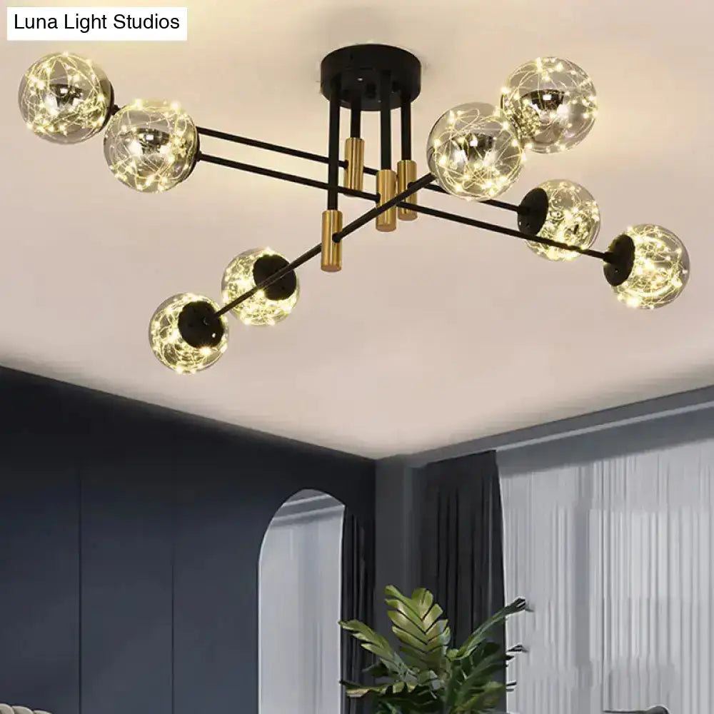 Modern black and gold nordic ball semi flush light fixture with smoke glass globes and warm led fairy lights for living room