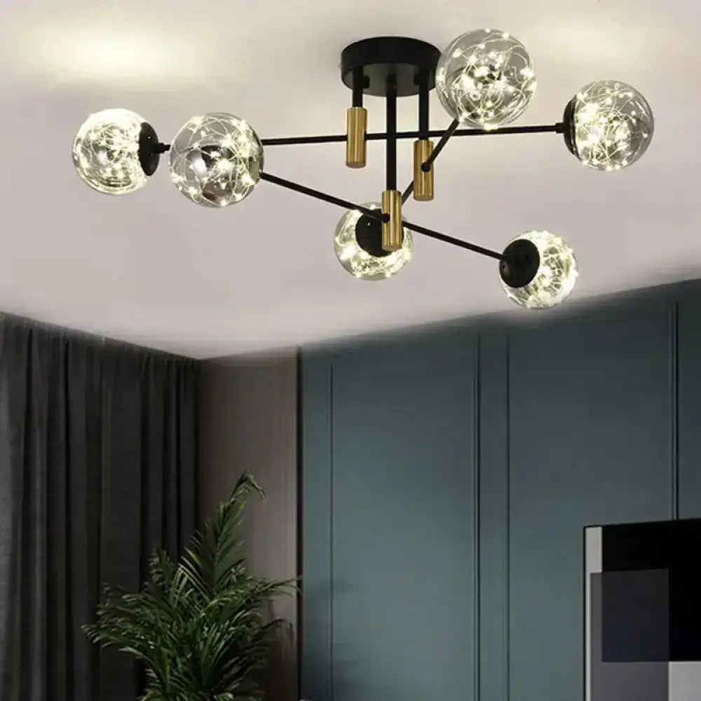 Modern black and gold decorbites™ starry nordic ball semi flush light fixture with six clear glass globe bulbs and fairy lights