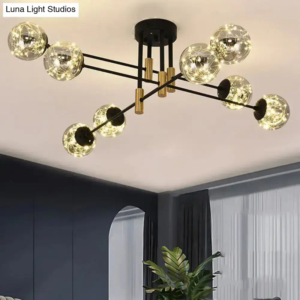 DecorBites™ starry nordic ball semi flush light fixture in black with smoke glass and warm led fairy lights for living room ceiling