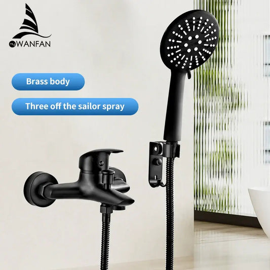 Modern black brass shower faucet set with handheld spray featuring three water flow settings for bathroom use