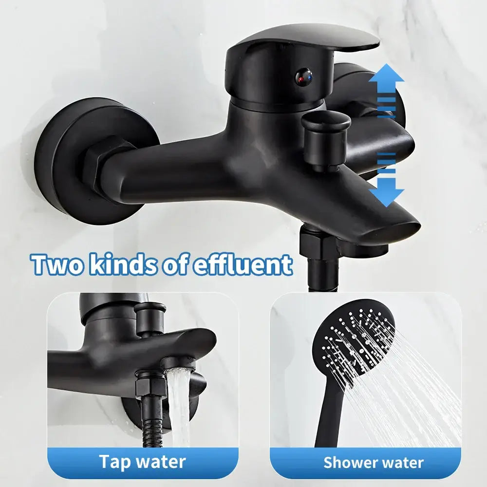 Modern black brass shower faucet set with black matte finish and 3 setting handheld spray for bathroom use