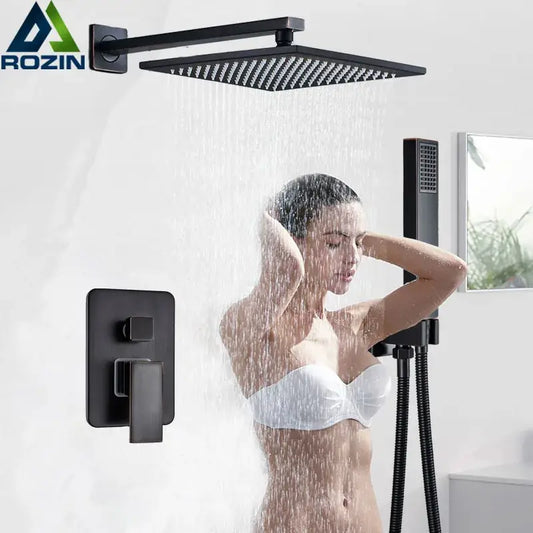 Modern black brass shower faucet with rainfall black square shower head and matching wall-mounted control panel decorbites black brass