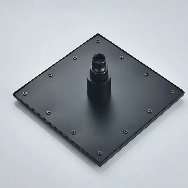 Black square mounting plate with central cylindrical fixture secured by eight screws for decorbites black brass shower faucet
