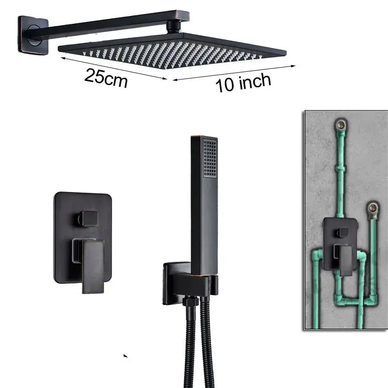 Modern black brass shower faucet with black matte square rainfall head textured surface and integrated mounting bracket