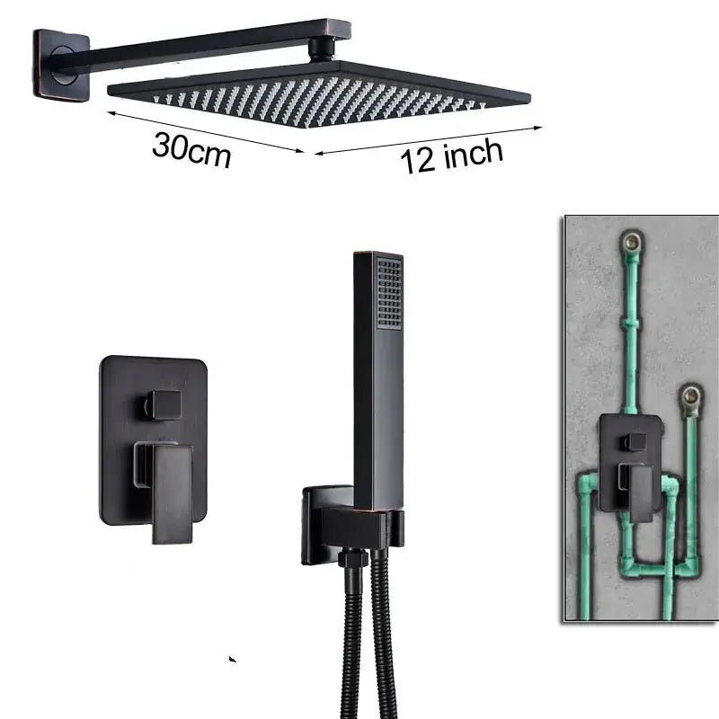 Modern black brass shower faucet with square matte black brass showerhead 30cm rainfall head by decorbites