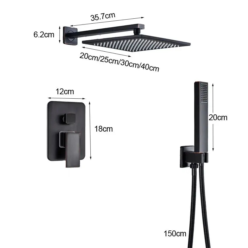 Modern black brass shower faucet featuring a black matte-finished square rainfall head with multiple spray nozzles by decorbites