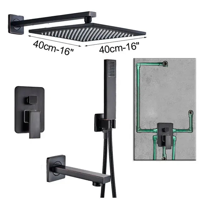Modern black brass shower faucet with 40cm black matte square rainfall head by decorbites black brass shower design