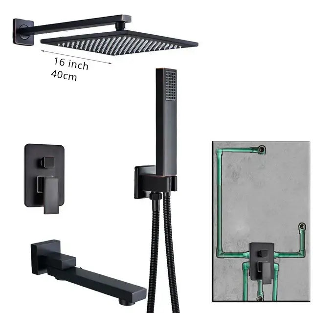 Black matte finished 16 inch square rainfall showerhead with modern design in decorbites black brass shower faucet bathroom setup