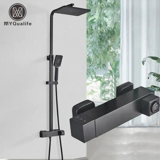 Modern black brass shower faucet with rainfall head and handheld spray in black matte finish by myqualife decorbites black brass