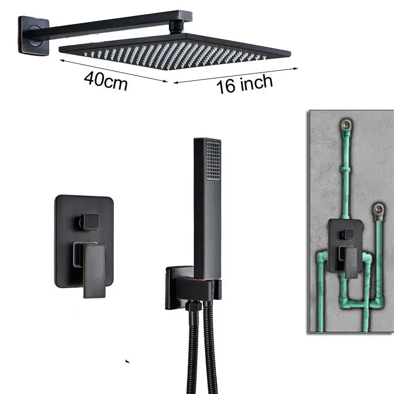 Modern black brass shower faucet with black matte square rain shower head 40cm decorbites black brass design
