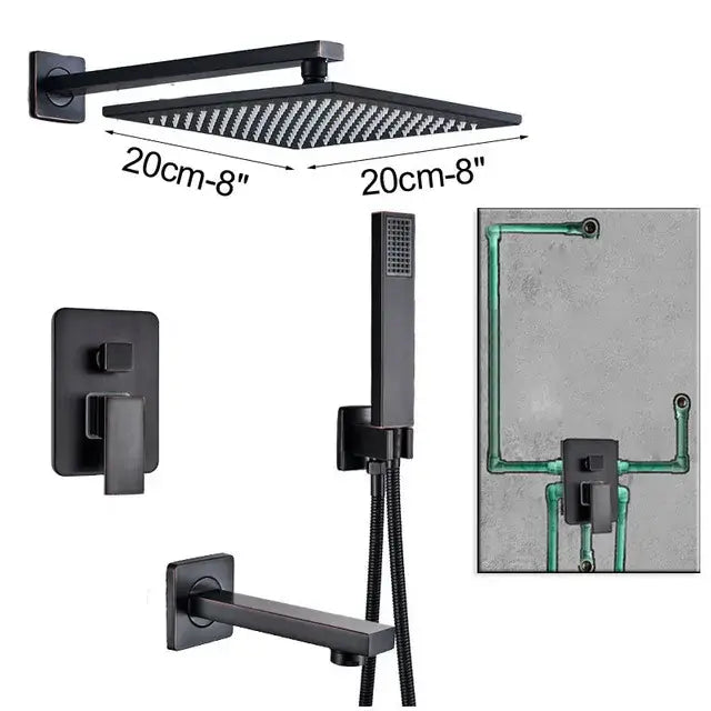 Modern black brass shower faucet with rainfall head featuring a black matte square showerhead with hose attachment decorbites black brass shower