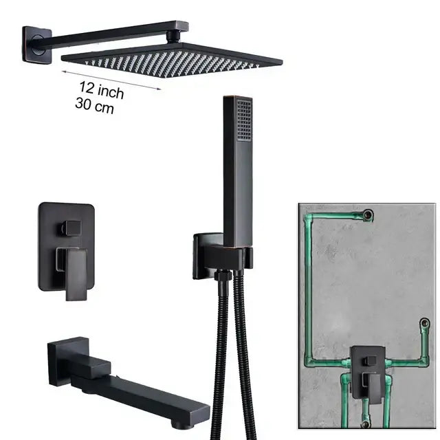 Modern black brass shower faucet with a 12-inch black matte rainfall showerhead for bathroom decorbites black brass design