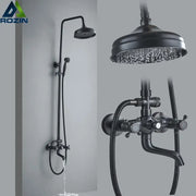 Modern black brass shower mixer faucet set with matte finish features a tall handheld sprayer and overhead rainhead