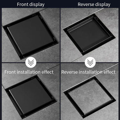 Modern black brass square shower floor drain with sleek metallic frame and hair strainer from decorbites brass square collection