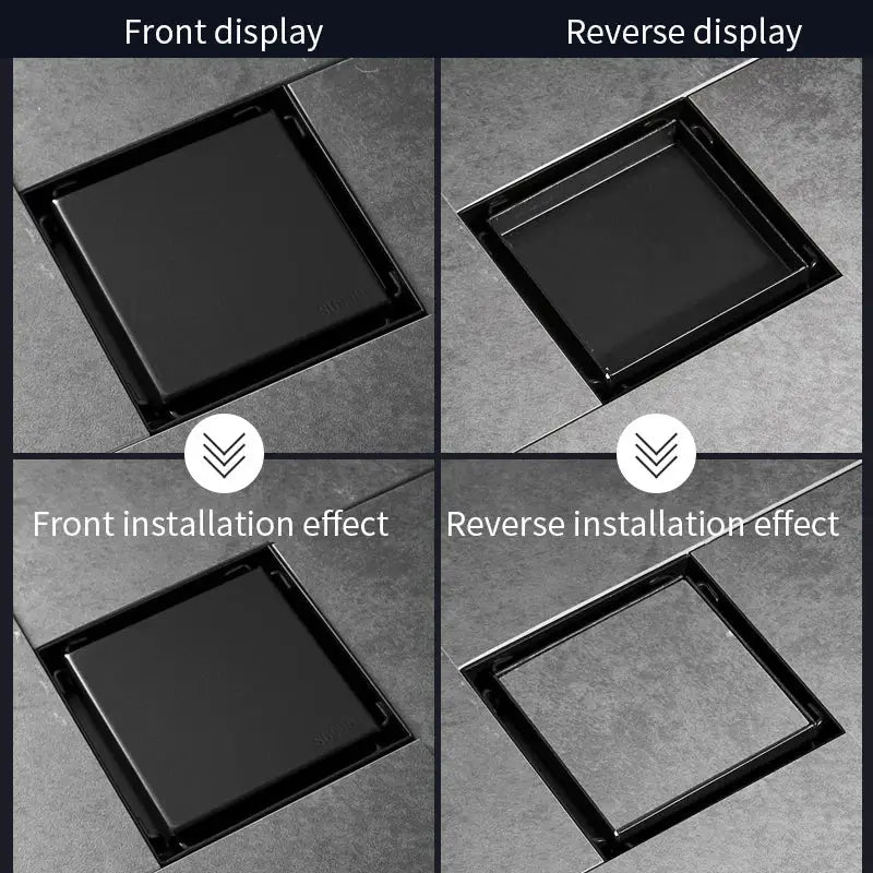 Modern black brass square shower floor drain with sleek metallic frame and hair strainer from decorbites brass square collection