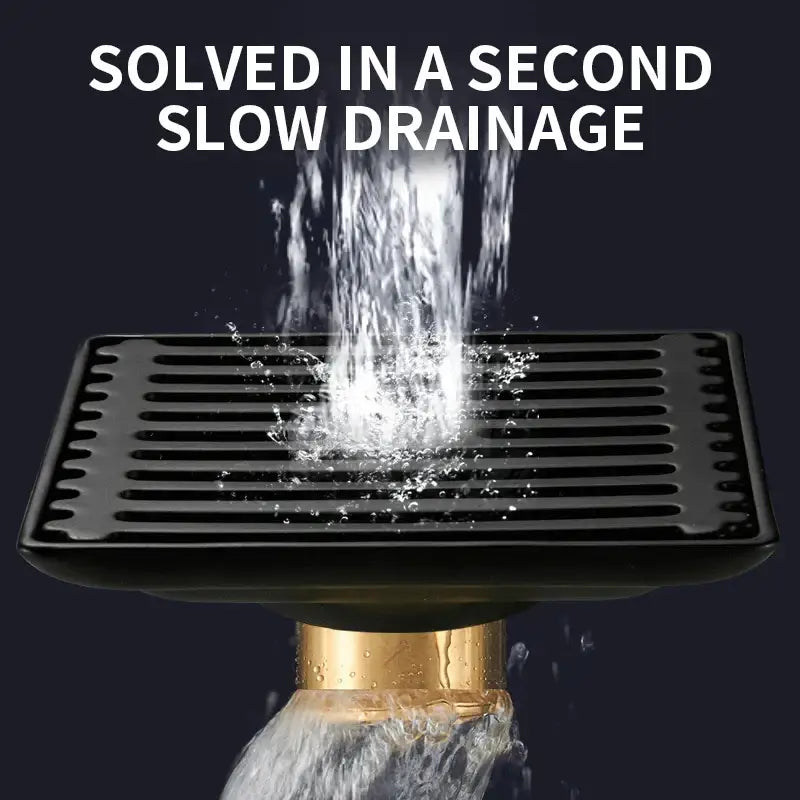 Modern black brass square shower floor drain with gold-colored pipe base and horizontal slats decorbites brass square