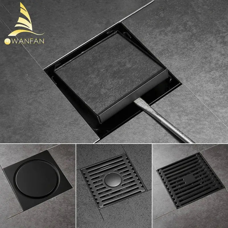 Modern black brass square shower floor drain with matte finish and hair strainer for sleek bathroom decorbites brass square