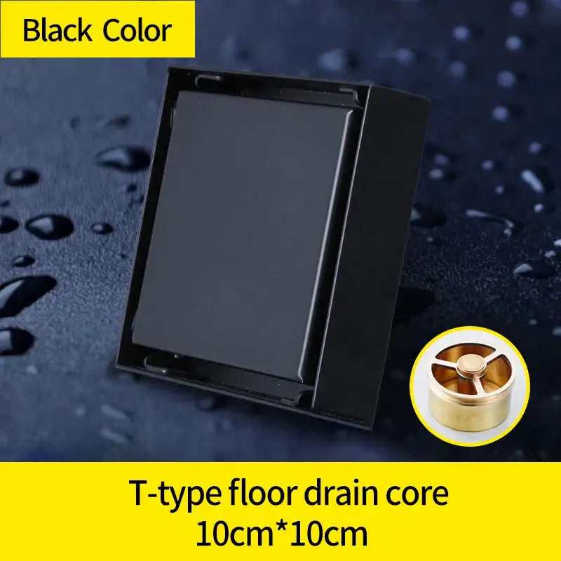 Modern black brass square shower floor drain core t-type 10cm x 10cm decorbites brass square hair strainer