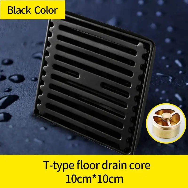 Modern black brass square shower floor drain core 10cm x 10cm with hair strainer by decorbites brass square floor drain