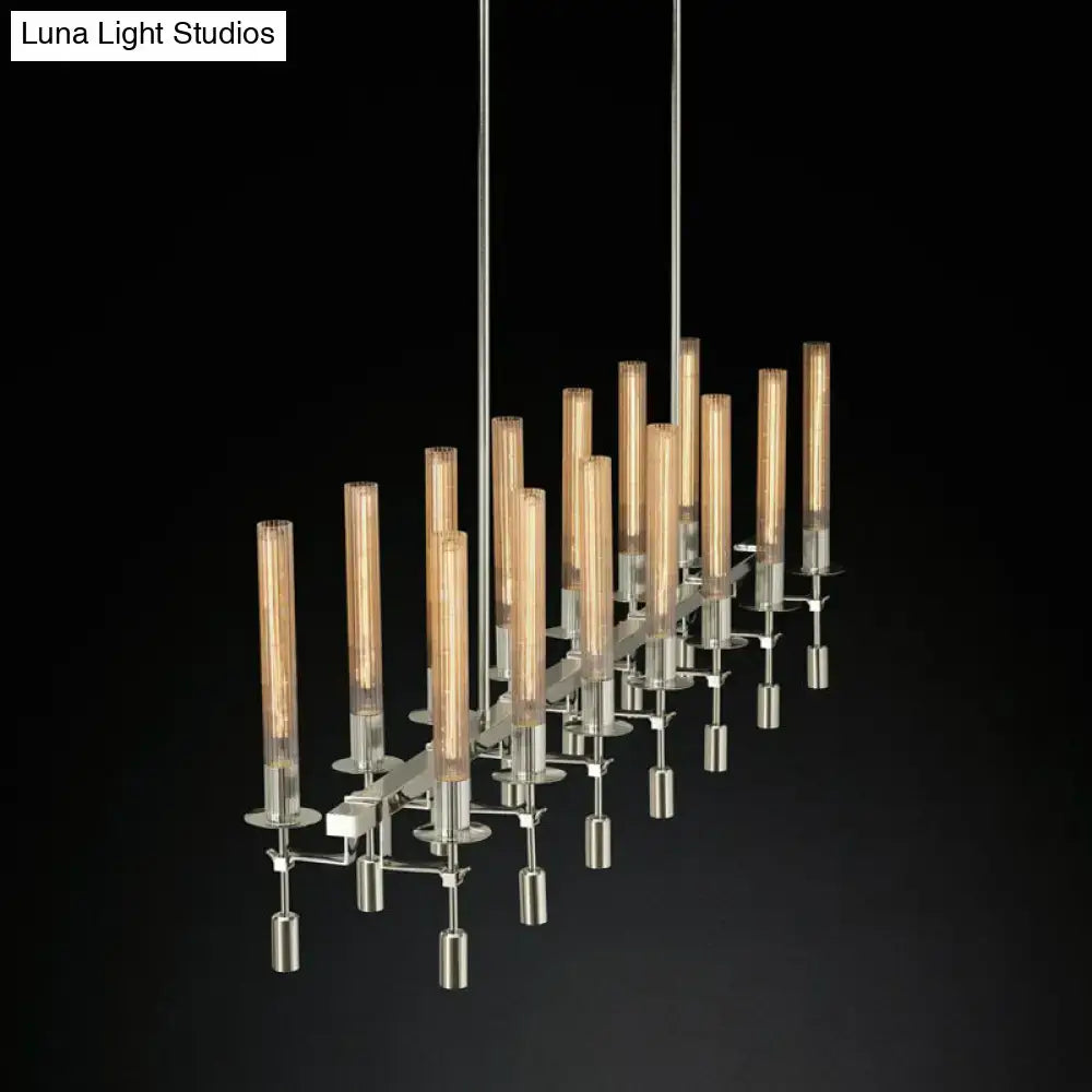 DecorBites modern black brass tube island chandelier with slender metallic arms and warm glass candle-style bulbs