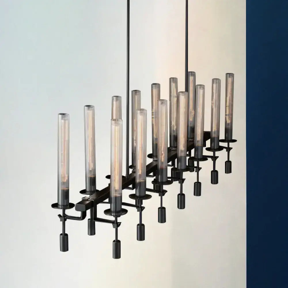 DecorBites modern black brass tube island chandelier with multi-light fluted glass shades and exposed filament bulbs