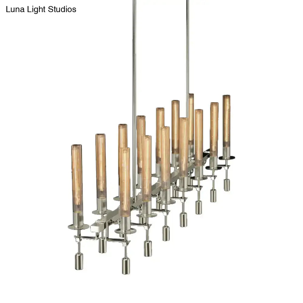 DecorBites modern black brass tube island chandelier with brushed nickel and amber glass candle-style bulbs