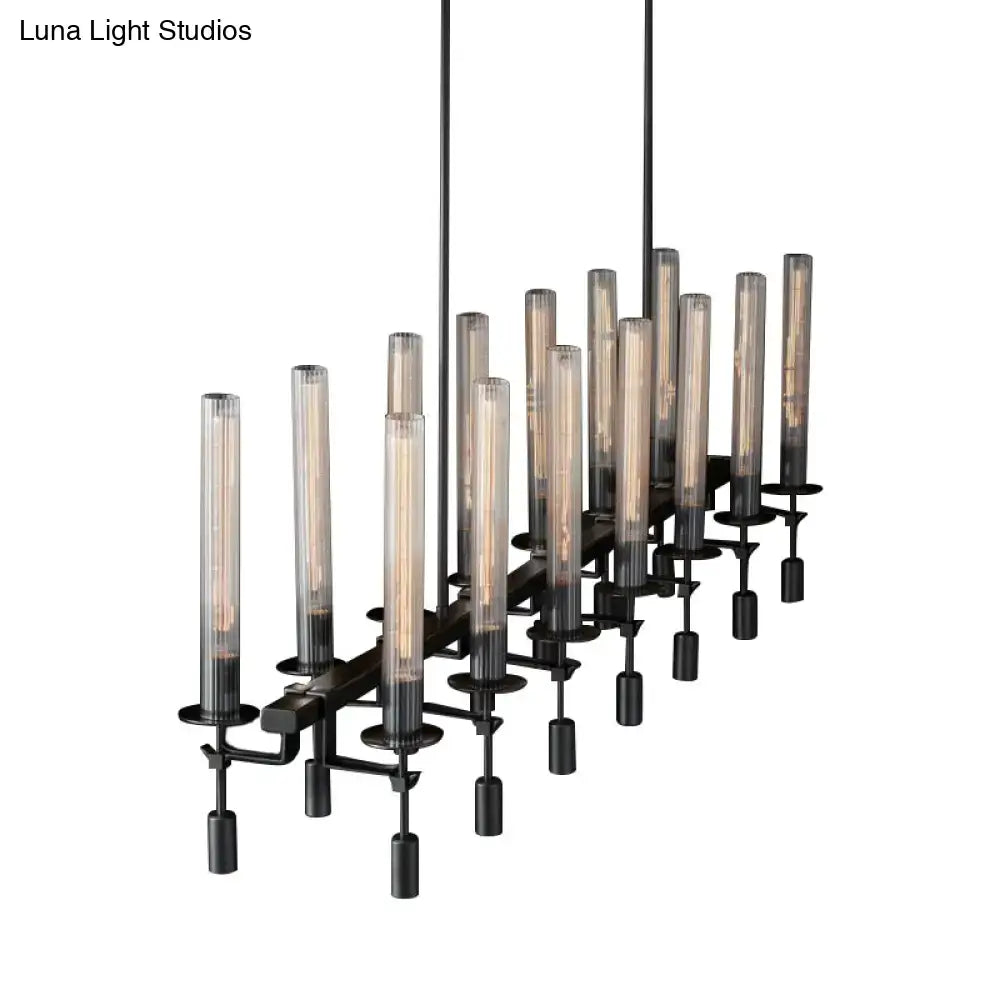 Decorbites modern black brass tube island chandelier with multi-light fluted glass shades and illuminated filament bulbs