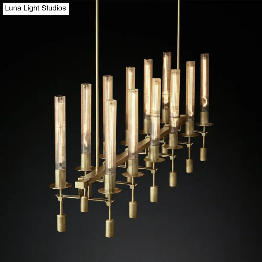 Decorbites modern black brass tube island chandelier with gold-toned metallic arms and multi-cylinder glass tubes